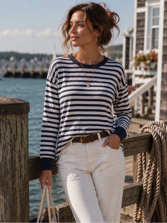 J. Crew Tops - J.Crew Navy White Breton Stripe Long Sleeve Cotton Tee Shirt XS Classic